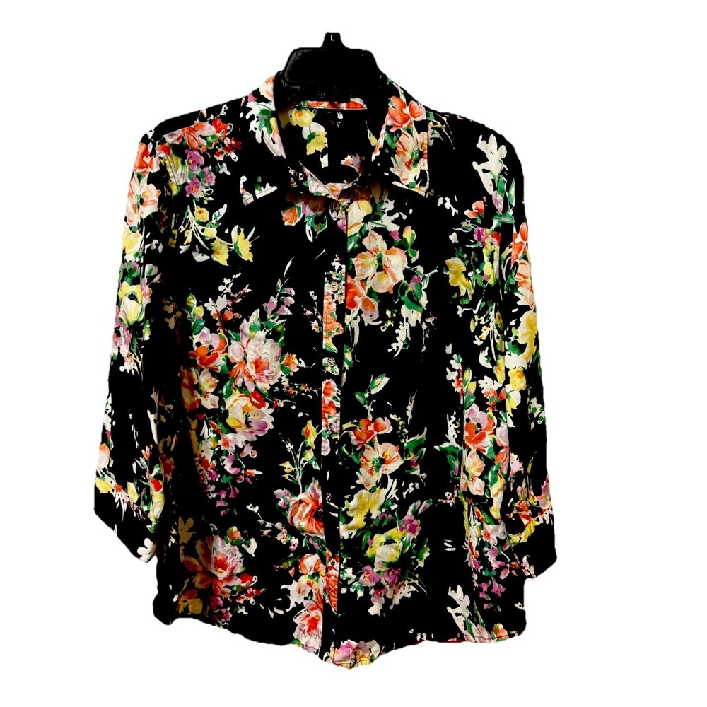 Blouse 100% Cotton Black 3/4 Sleeve Plus Size 1X Chaps Floral Button-Up